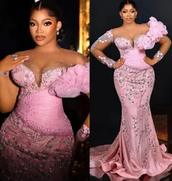 2023 Aso Ebi Pink Mermaid Prom Dress Beaded Lace Evening Formal Party Second Reception Birthday Engagement Gowns Dresses Robe De Soiree ZJ749