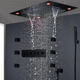 Set doccia moderno nero opaco Massaggio a soffitto a scomparsa Soffione doccia a cascata a pioggia grande Soffione doccia termostatica ad alto flusso2491