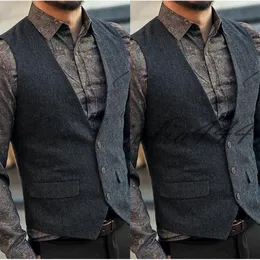 2019 Dark Gray Wool Hingringbone Tweed Vests Custom Mens Mens Suit Suit Slim Groom Vests Vintage Wedding Stest بالإضافة إلى حجم British Wai267t