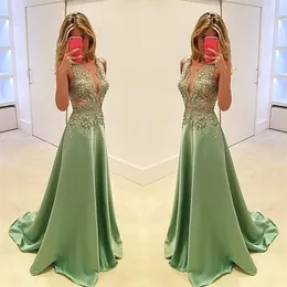 Sukienki na studniówkę zanurzającą na szyję zielone satynowe satynowe koronkowe aplikacje iluzja koralika długie sukienki wieczorowe noszenie formalnej sukienki na imprezę plus size 2555m