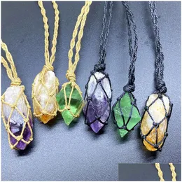 Pendant Necklaces Natural Amethyst Topaz Green Fluorite Stone Woven Net Stretchable Adjustment Rope Necklace For Women Men Drop Deli Dhvl4