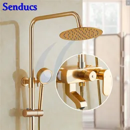 Senducs Space Aluminum Shower Set for Fashion Golden Shwoer System Rain Top Shower Faucet Qualtiy Brushed Gold Bathroom Washing Se251m