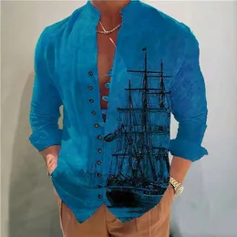 Men's Casual Shirts Spring Autumn Sailboat printin Men's Long-Sleeved Shirts Solid Color Stand-Up Collar Casual Style Plus Size Shirts 230720