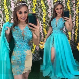 Lindos vestidos de formatura 2 peças apliques de renda vestidos de noite com sobressaia longa destacável azul manto De Soiree280d