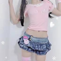 Skirts Japanese Girl Pleated Super Mini Denim Low Waist A Line Bud Skirt Solid Night Club Party Wear Punk Style Lolita 230720