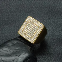 HIP Hop IP Gold Filled Titanium Stainless Steel Micro Pave Rhinestone Iced Out Bling Big Square Rings for Men Jewelry253r