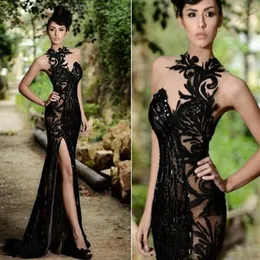 2019 Nya pärlor Split aftonklänningar Appliced ​​High Neck Long Prom Dress Vestidos de Festa Billiga formella klänningar302a