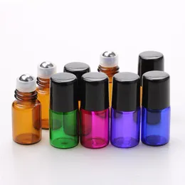 Mix Colors METAL Roller Ball Bottles 1ml 2ml Amber Purple Blue Green Red Glass Bottles with Stainless Steel Ball and Black Lids Dqrha