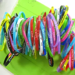 500 pieces lot Mixed Color Silicone energy Sport Elasticity bracelets Friend Love Succes Happy Live Strong Children Gift Party J3256