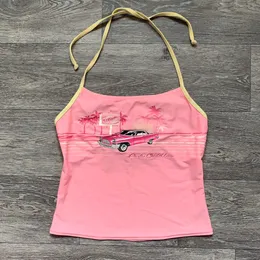 Camiseta Feminina Estética Sexy Rosa Regata Sem Mangas Vintage Bonito Estampado Grunge Streetwear Crop Y2k Roupas Gótico Meninas Espartilho 230721