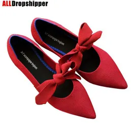 Dress Shoes 2022 Shallow Women's Flat Shoes Ballet Breathable Knit Zapatos De Pointed Bow Mary Jane Woman Shoes Pregnant Shoes Boat shoes L230721