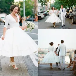 1950s Vintage Short Wedding Dresses 2019 Selling Custom Made New A-Line Deep V-Neck Tea Length Half Sleeve Satin Bridal Gowns 281v