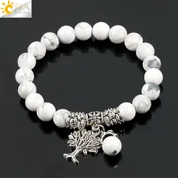 CSJA Fashion Round White Turquoise Howlite Real Stone Mala Beads Tree of Life Bracelets for Women Yoga Healing Power Energy Bracel2422