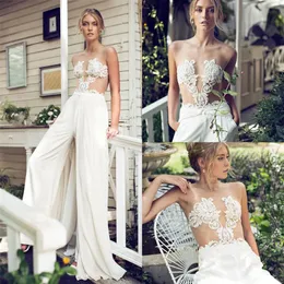 Riki Dalal Modest a Line Wedding Dress Jumpsuit med avtagbar kjol spetsapplikation Brudklänningar skräddarsydd bröllopsklänning314G