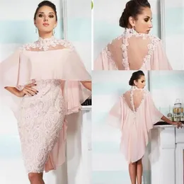 2020 Sexy Short Blush Pink Mother of bride dresses Illusion Chiffon Lace Appliques Beads With Wraps Plus Size Party Wedding Guest 2031