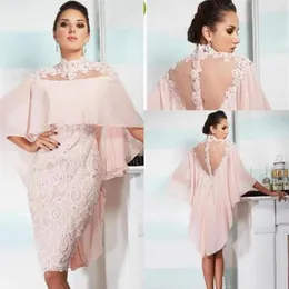 2020 Sexy kurze erröten rosa Mutter der Braut Kleider Illusion Chiffon Spitze Applikationen Perlen mit Wraps Plus Size Party Hochzeit Gast 2031