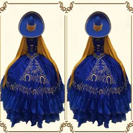 2022 Vintage Gold Embroidery Flowers Royal Blue Quinceanera Prom Dresses Ball Gown XV Mexican Charro Satin Evening Party Formal SW252I