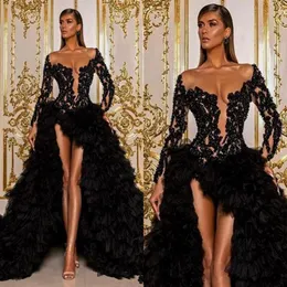 Vintage svart arabiska aso ebi prom klänningar långärmad spets pärlor hög låg kändis aftonklänningar sexig lår split tiered ruffles236m