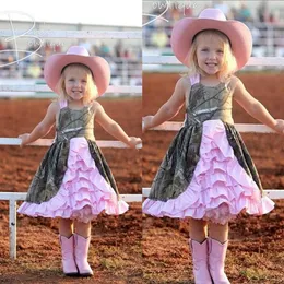 2015 Vestidos de flores de camuflagem feitos sob encomenda para casamento na altura do joelho babados em camadas desfile vestidos de festa para meninas presente de aniversário Dres190f