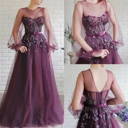 Elegante Abendkleider, Juwel-Ausschnitt, Spitze, 3D-Blumenapplikationen, Perlen-Abschlussballkleid, Sweep-Zug, lange Ärmel, formelle Partykleider295P