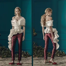 2019 Ashi Studio Evening Gowns Pant Suits Sireveless Off The Should Luxury Ruffles 무도회 드레스 새틴 아랍어 공식 파티 드레스 DU244N