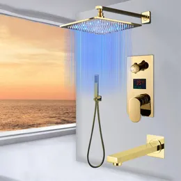 Golden Polished Digitail Display Bath Shower Kaucet Rainfall Led 3 Vägs badrumskran Triple Way LCD Mixer Valve276h