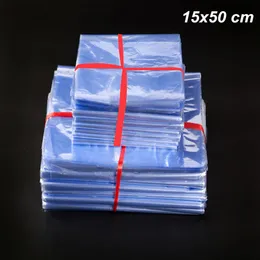 100 parça 15x50cm pvc ısı büzülebilir sargı net çanta torbası ısı büzülme düz çantalar film kozmetik perakende şeffaf sarma plast307j