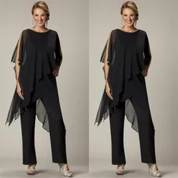 Abiti economici a due pezzi Pantaloni per la madre della sposa Gioiello Mezza manica Plus Size Abiti da sera in chiffon nero Beach Wedding Party271S