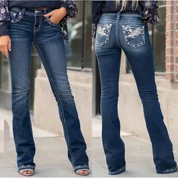 Женские джинсы вышиты с эластичкой, мама, женщины, женщины с высокой талией, элегантная женская джинсовая женская женская брюки y2k vintage 230720