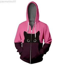 Herrtröjor tröjor svart katt blixtlås hoodie hip hop rosa lila skarvfärg kvinna 3d hooded bluza damska fitta dragkedja tröja män jacka kappa l230721