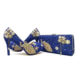 Royal Blue Pearl Bridal Shoes With Matching Bag Gorgeous Design Peacock Style Rhinestone Wedding Party Shoes With Clutch2582