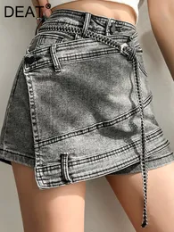 Skirts DEAT Fashion Women's Denim Skirt High Waist Irregular Chain Spliced Gray Above Knee Female Summer 2023 17A1443 230720