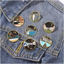 Pins Broschen Sternennacht Mond Emaille Im Freien Berg Fluss Landschaft Pins Bades Für Denim Kleidung Tasche Schmuck Weihnachten Neujahr Dhbjr