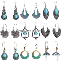 Charm Bohemian Dangle Kolczyki dla kobiet w stylu Turkusowe Turquoise Tassel etniczny retro wisiorek ucha haczyk plażowy biżuteria prezent dostarcza dhyhj