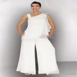 Skromny 2020 Mother of the Bride Groom Pant Suit Ruched Crystal Plus Size Białe szyfonowe eleganckie kobiety formalne sukienki dla gości ślubnych337s