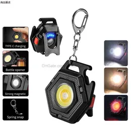 Aluminiumlegering Mini Cob Lantern Portable KeyChain Light Outdoor Emergency Working Lights LED Torch USB Laddningsmagnetisk campingljus med flasköppnare