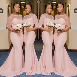 Blush Pink Sheer Jewel Neck Bridesmaid Dresses 1 2 Sleeve Mermaid golvlängd Black Girls Maid of Honor Gown Wedding Guest Dress309p