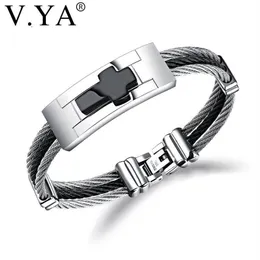 Charm Bracelets V YA 3 Rows Wire Chain Cuff Cross Stainless Steel Men Punk DIY Custom Engrave Man Jewelries Black Silver Color Ban250h