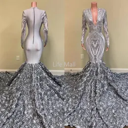 Gümüş Afrikalı Kızlar Uzun Balo Elbiseleri 2022 Denizkızı V Boyun Tam Kollu 3D Çiçekler Tren Kadınlar Resmi Parti Akşam Elbisesi DD248I