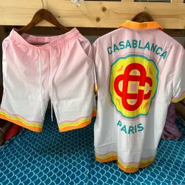 Mens Casual Shirts Sports Casablanca Yellow Contrast Ribbon Stripes Print Short Sleeves 3XL Pocket Shirt for Men Women 230720