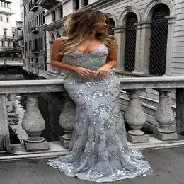 2018 Sexy Anmutiges V-Ausschnitt Spahetti-Trägern Pailletten Meerjungfrau Langes Abendkleid Silber Rückenfreie Abendkleider Weibliches Maxi-Partykleid 331 m