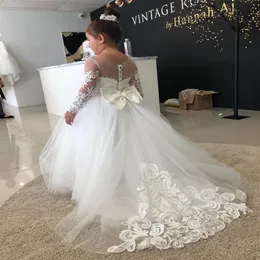 -Wind Fashion 2022 Dantel Çiçek Kız Elbise Bows Çocukların İlk Cemaat Elbisesi Prenses Tül Balo Elbise Düğün Partisi Dre266k