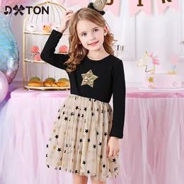 Dxton Winter Kids Dress для девочек с длинным рукавом малыш vestidos sequined Star Princess Girls Dress Cottle Children Fringed одежда