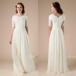 Koronkowe szyfonowe boho skromne sukienki ślubne z krótkimi rękawami boho sodowce ślubne A-line długość podłogi Nieformalna sukienka Wed 269b
