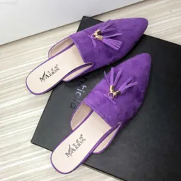 Dress Shoes Women Metal Fringe Slippers Flock Shoes Front Closed Toe Khaki Purple Slide For Small And Wide Feet 44-33 22cm Comfortable Taco L230721