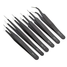 Whole-6pcs ESD Safe Anti-Static Stainless Steel Tweezers Set Maintenance Watch Repair Tools Kits Electronic Rework Tool Set DI225y