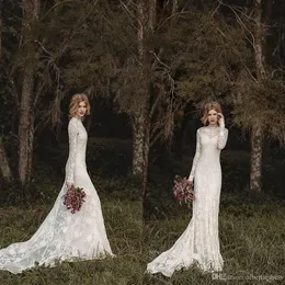 Eleganckie koronkowe bohemijskie suknie ślubne z długim rękawem 2019 Sheer szyi pełna tylna podłoga A-line wiejskie sukienki ślubne