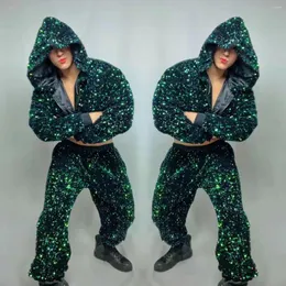 Erkek Trailtsits Erkek Kırmızı Yeşil Pullar Hip Hop Dans Kıyafetleri Gece Kulübü Bar Dansçı Performans Kostüm Glitter Kapşonlu Kısa Ceket Pantolon