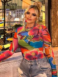 Koszulka damska Hawthaw Women Summer jesienna moda z długim rękawem Siatka Postrzegana przez graficzną Y2K Streetwear Tops T koszule TEE Hurtowe 230721