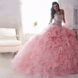 Princess Sweet 16 Quinceanera klänningar Bollklänning Organza ruffle rosa quinceanera klänningar snörning rinestones debutante klänning293z